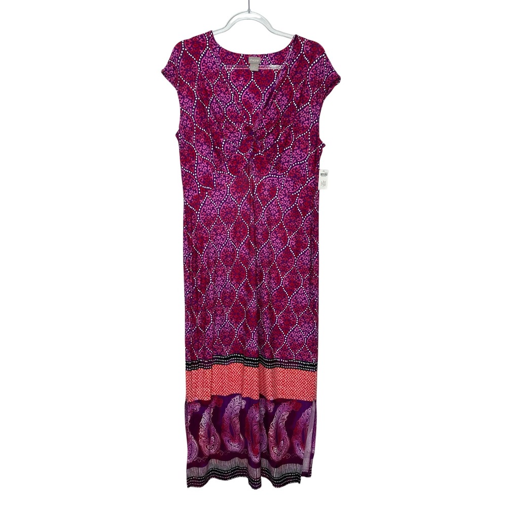 Chicos Maxi Cap Sleeve Dress Size 2 L Pink Purple Twist Front Geometric Slit New